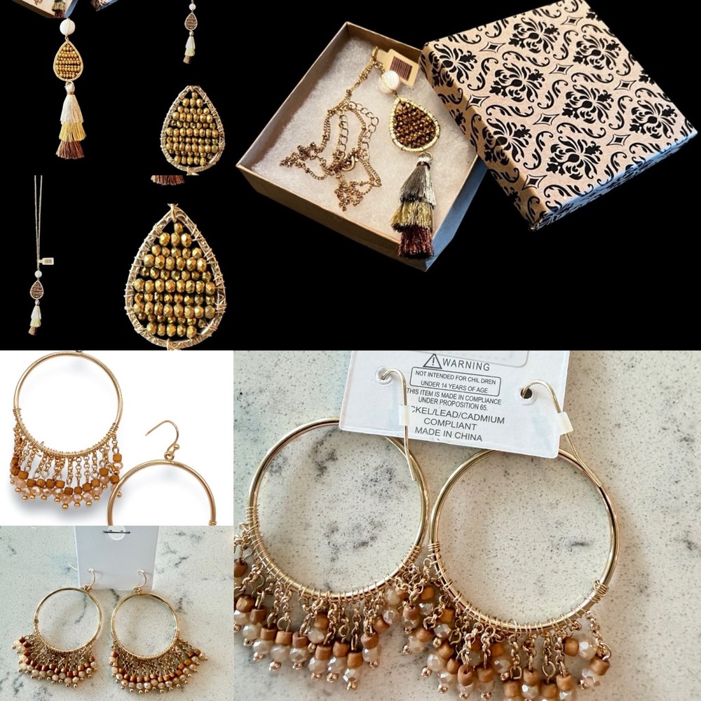 BUNDLE Gold Necklace 14” w/ext Beaded Tassel & Hoop Bead Earrings New with Tag